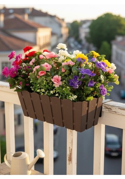 Yapay Çiçek Kahverengi Balkon Saksıda Küpeşte Askılı Açelya Çiçeği Karışık Renkli Çiçek Sepeti 50cm