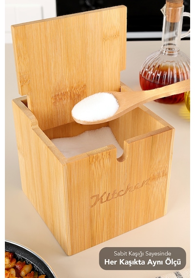 Kaşıklı Bambu Baharat Kutusu - Bambu Kapaklı Tuz Kabı Tuzluk Baharatlık Kutu 12x12 Cm Bej