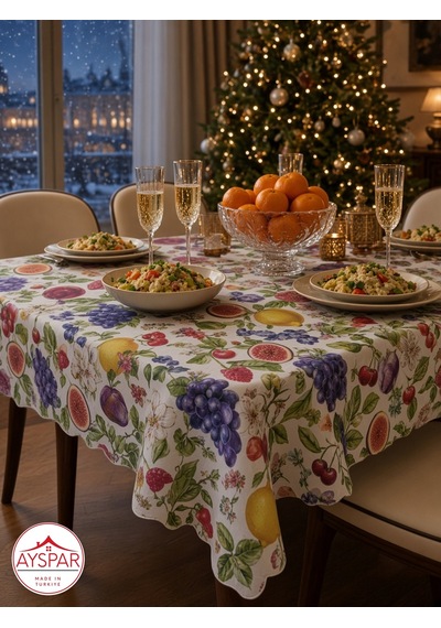 Masa Örtüsü 150x170 Cm Meyve Desenli Beyaz