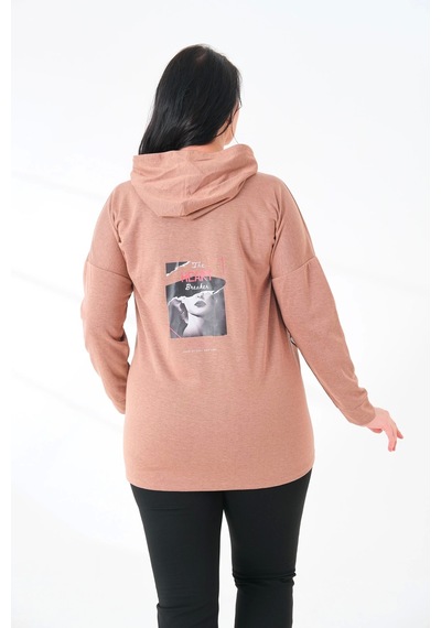 Lady Majestic Büyük Beden Kapüşonlu Sweatshirt Vizon