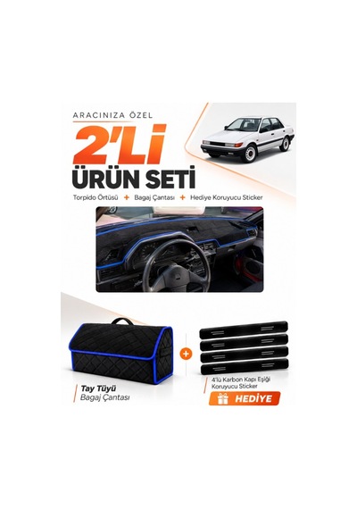 Mıtsubıshı Lancer 1987-1991 Uyumlu Torpido Örtüsü + Tay Tüyü Bagaj Çantası + Sticker - Siyah Mavi