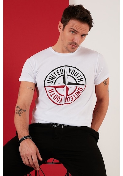 Buratti Baskılı Bisiklet Yaka Pamuklu Slim Fit Erkek T Shirt 541Pusula Beyaz