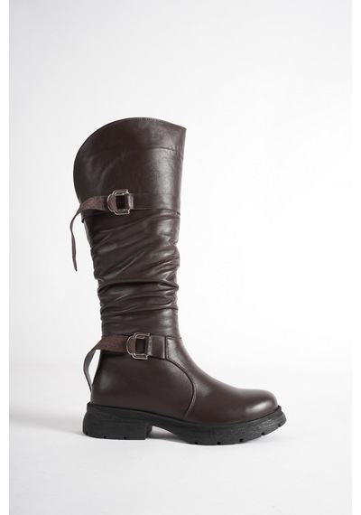 Analin Shoes Kadın Hakiki Deri Büzgü Detaylı Tokalı Fermuarlı Uzun Çizme Kahve