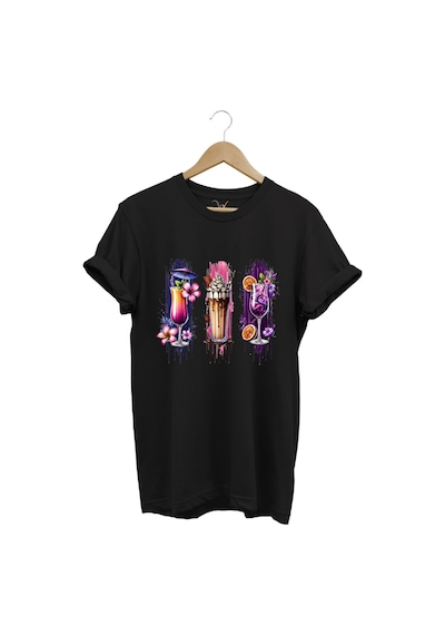 Milkshake Ve Kokteyl Temalı Renkli Yaz Baskılı %100 Pamuk Unisex Regular Fit T-shirt Siyah