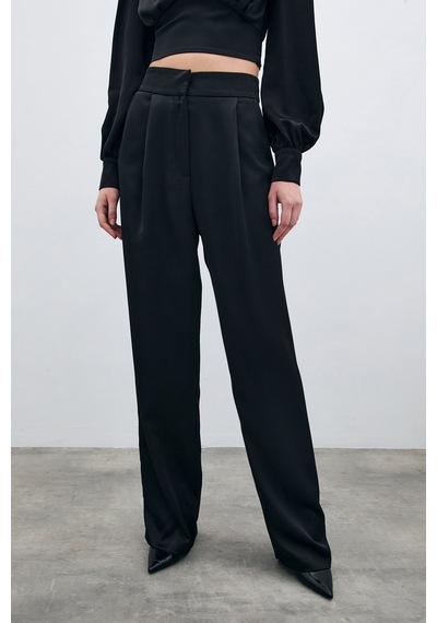 Sateen Pileli Saten Krep Pantolon - Siyah-135692 Siyah