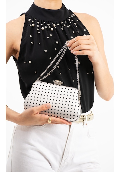 Lebibe Shoes Polkıa Ekru Saten Kumaş Puantiye Desenli Zincir Askılı Klips Kapamalı Clutch Çanta