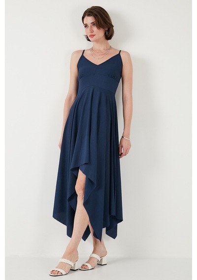 Lela Asimetrik Kesim Regular Fit Midi Boy Askılı V Yaka Bayan Elbise 5866131 Indigo