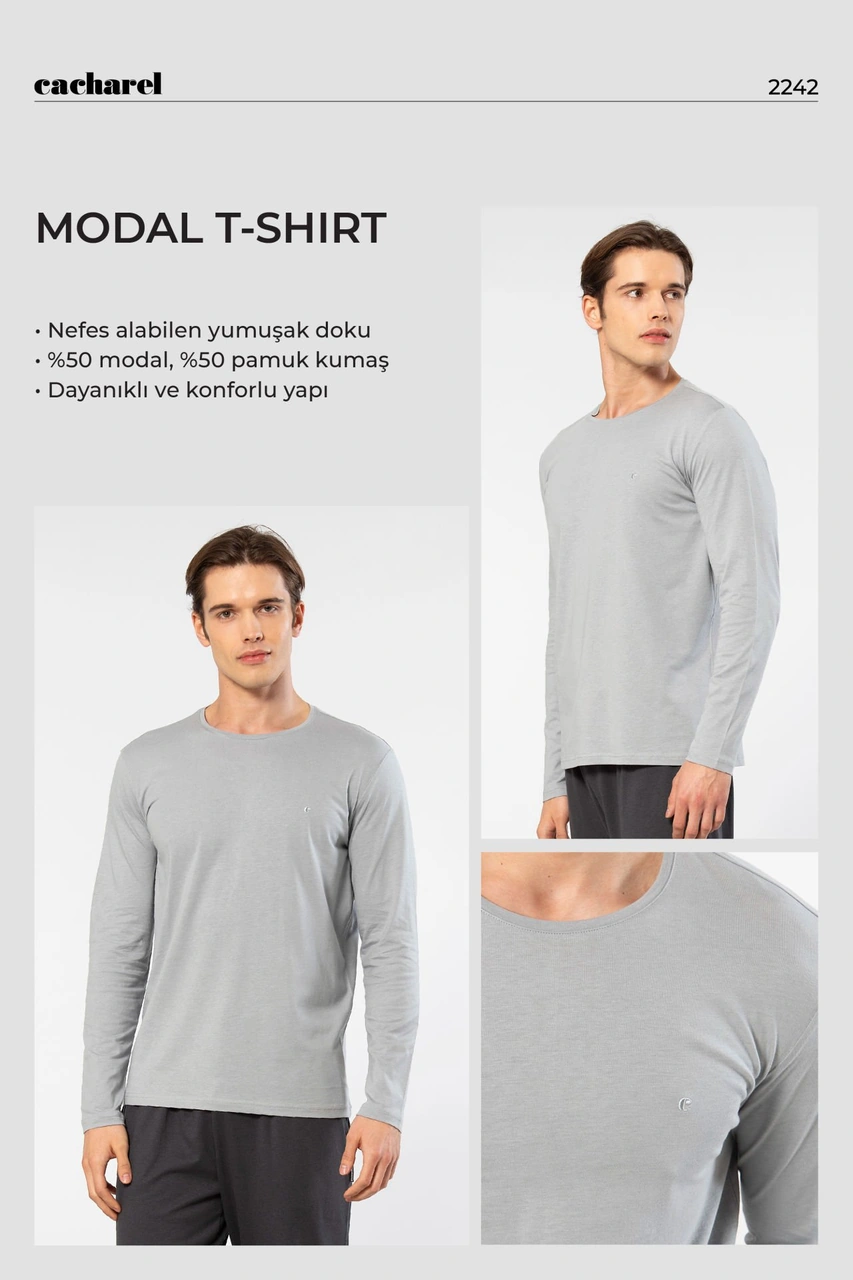 Cacharel Erkek Modal Pamuk Bisiklet Yaka T-shirt 2242/gri Gri