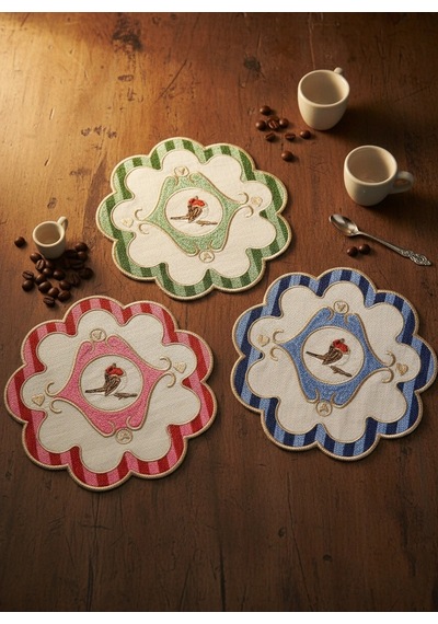 Mavi Yeşil Kırmızı 3 Lü Pip Studio Uyumlu Nakışlı Kuş Detaylı Kokteyl Sunum Peçetesi Seti 15x15cm Çok Renkli