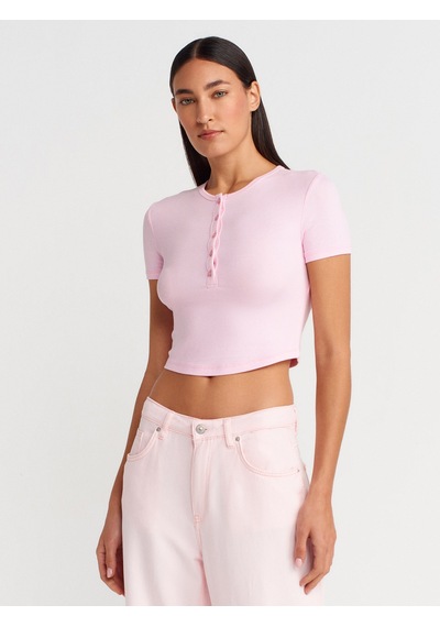 Dilvin 31647 Düğme Detaylı Crop Top-açık Pembe Açık Pembe
