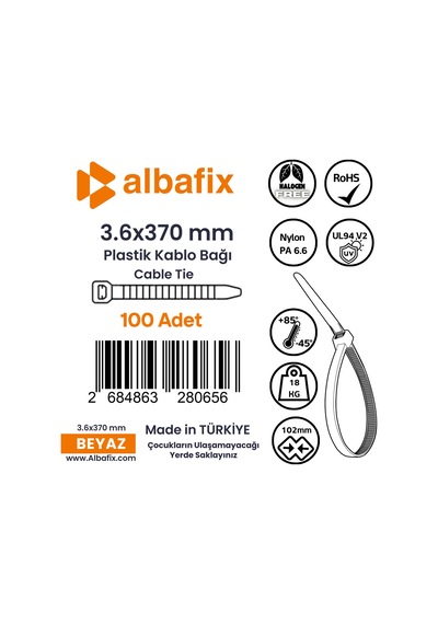 3.6x370 Mm Şeffaf Beyaz Plastik Kablo Bağı Klipsi Cırt Kelepçe 100 Adet