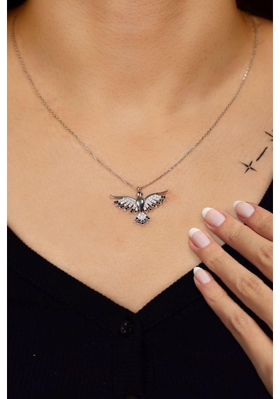 Roza Silver Oniks Taşlı Rodyum Anka Kuşu Gümüş Kolye