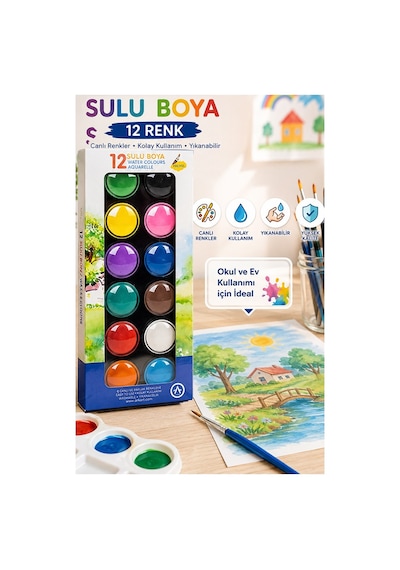 12 Renk Sulu Boya 28mm 1 Paket Ark 12 Li Suluboya Fırça Hediyeli Canlı Renkler Kaliteli Yıkanabilir Zararsız Çok Renkli