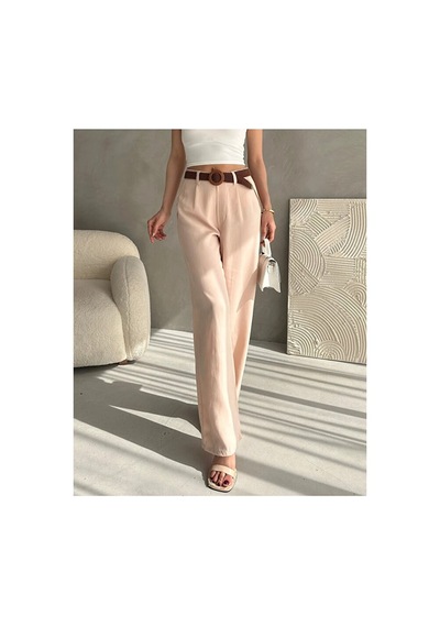 Nido Moda Beli Kemerli Keten Pantolon Bej