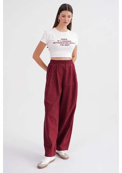 Mixray 4682 Kadın Beli Lastikli Jogger Bol Keten Pantolon Bordo