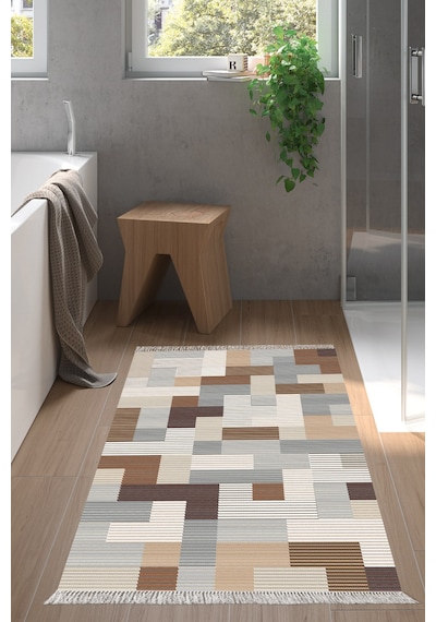 Dekoreko Kaymaz Taban Djt Banyo Halısı Trend Saçaklı Modern Mu113 Kahve