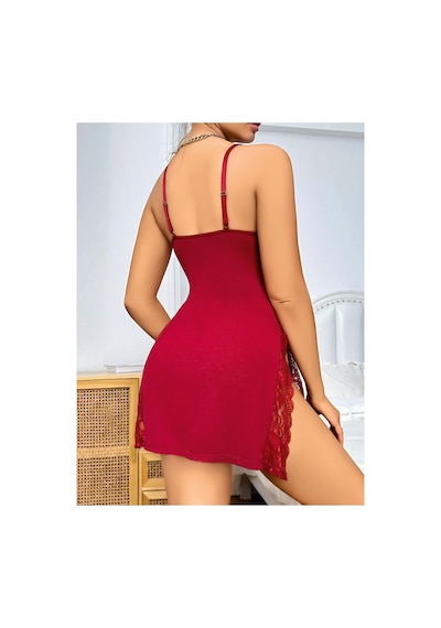 Lily Bianca Nightwear Göğüs Ve Yırtmaçları Dantel Detaylı Penye Gecelik Kırmızı