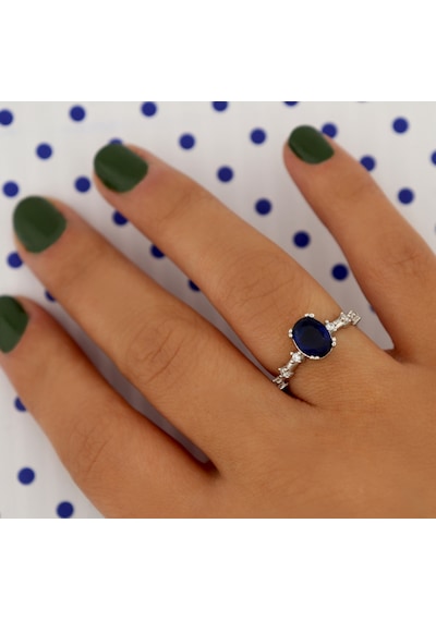 925 Ayar Gümüş Yüzük Oval Safir Vintage Yüzük