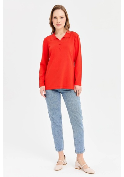 Desen Triko Kadın Polo Yaka İnce Triko Bluz 23355 Mercan MERCAN