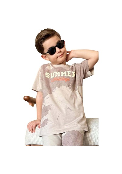 Riccotarz Erkek Çocuk Summer Yazı Baskılı Cep Ve İp Detaylı Bej Şortlu Takım Bej