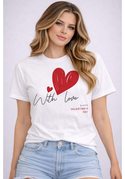 Herkesemoda White Love Baskı Detaylı Basic T-shirt Beyaz
