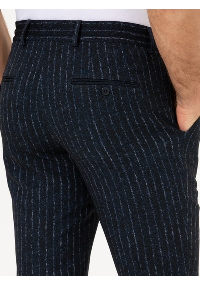 Cacharel Lacivert Ex. Slim Fit Beli Bağcıklı Çizgili Kumaş Pantolon