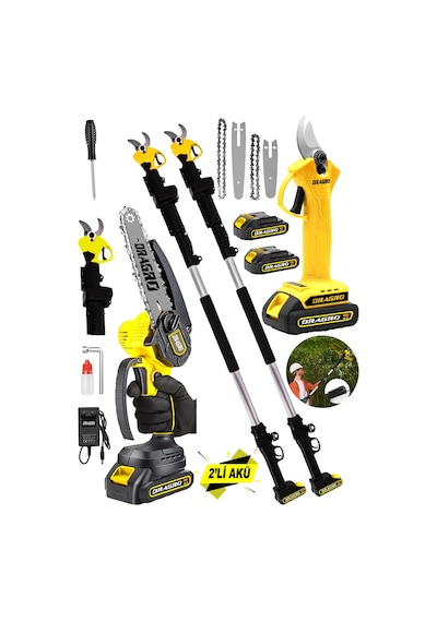 Dragro Alman DRG-598 VF 20 AH 2'li Set 2 Akülü Çift Teleskop Şarjlı Ağaç Dal Kesme Budama Makinesi Sarı