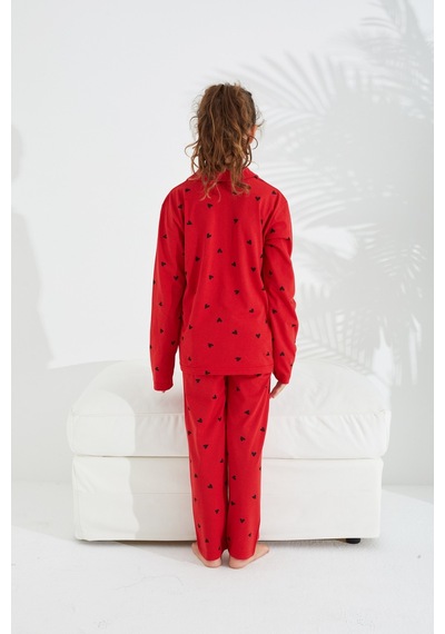 Siyah İnci Kırmızı Pamuklu Düğmeli Pijama Takımı