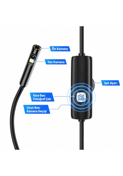 Ultratekno Ult110s 10m Çift Kameralı 1440p Endoskop Yılan Kamera Ip68 8mm Sert Kablo İos Android