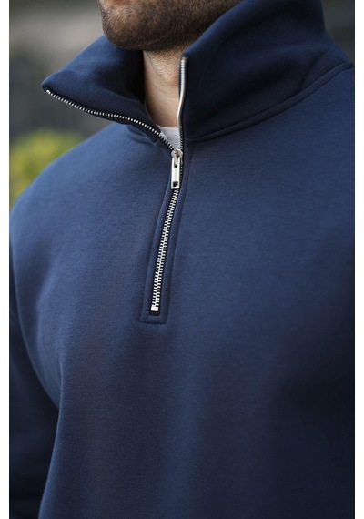 Madmext Lacivert Fermuarlı Dik Yaka Kanguru Cep Erkek Sweatshirt E7159 Lacivert
