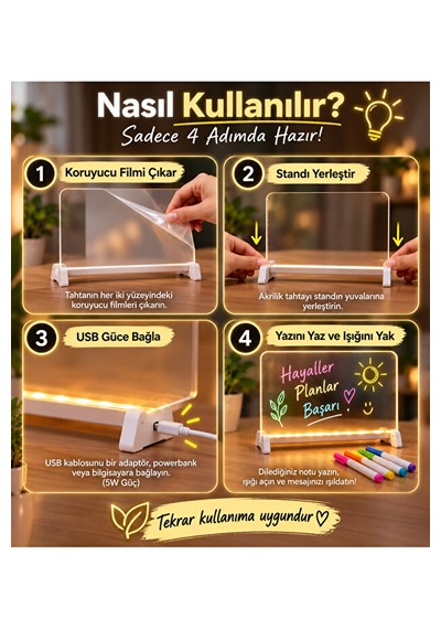 Led Işıklı Yazı Tahtası Akrilik Not Panosu Usb 5w Masaüstü Dekoratif Gece Lambası Beyaz