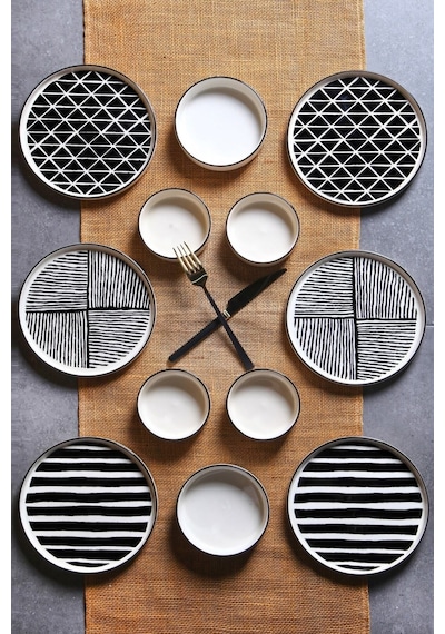 KitchenLife Stackable Pop Black White 12 Parça 6 Kişilik Kahvaltı Takımı Beyaz - Siyah