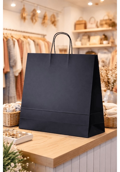 Elit Burgu Saplı Kraft Çanta Mavi Fsc Sertifikalı Kağıt Poşet Butik Hediye Torbası 36x12x41 Cm 25li