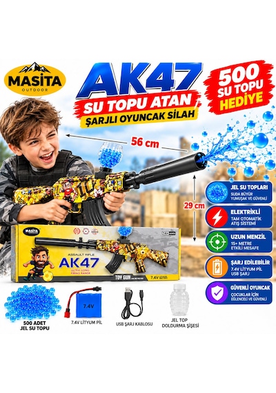 Masita Gel Blaster Ak47 Su Topu Su Maymuncuğu Atan Oyuncak Şarjlı Tam Otomatik. 56 Cm Karma Renk Ve Model Gönderilir Çok Renkli