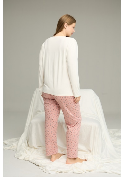 Siyah İnci Curve Büyük Beden Battal Boy Pamuklu Pijama Takım25240866 Ekru