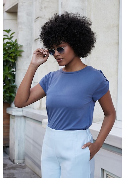 Jument Kadın Modal Penye Geniş Sıfır Yaka Düşük Omuzlu Apoletli Kısa Kol T-shirt Bluz-indigo İndigo