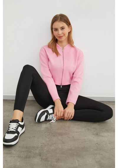 Fullamoda Fermuarlı Hakim Yaka Crop Spor Ceket Pembe
