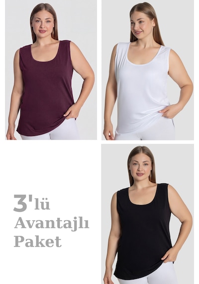 Arma Yıldız Kadın Pamuklu Büyük Beden Kalın Askılı Atlet 3'lü Paket Siyah Beyaz Mürdüm