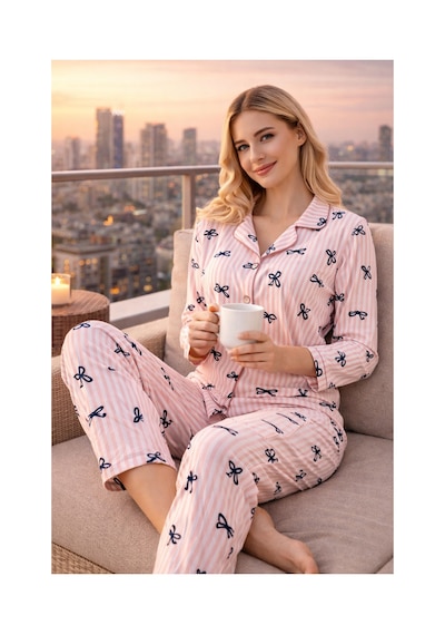 Rindahomewear Kadın Cizgili Fiyonk Desenli Milan Örme Uzun Kol Kadın Düğmeli Pijama Takımı Somon