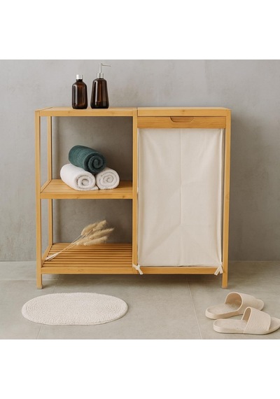 Bambu 3 Raflı Kirli Çamaşır Sepeti Kapaklı & Kumaş Torbalı Doğal Ahşap Banyo Düzenleyici Çok Renkli