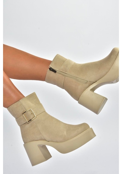 Fox Shoes V726446602 Bej Süet Kalın Topuklu Kadın Bot Bej-süet
