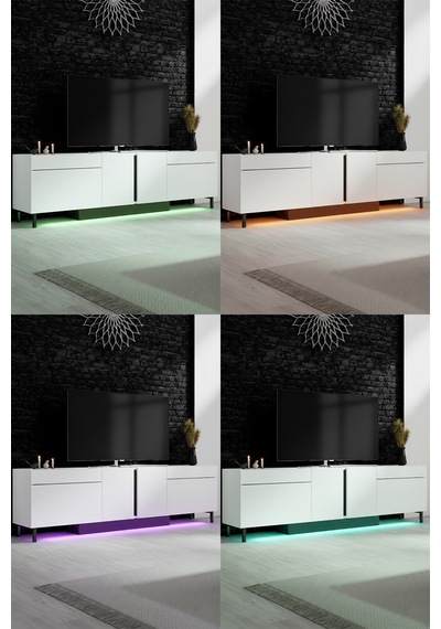 Paris Siyah Demir Ayaklı Rgb Led Işık Sistemli Beyaz Tv Ünitesi Tv Sehpası Beyaz - Siyah