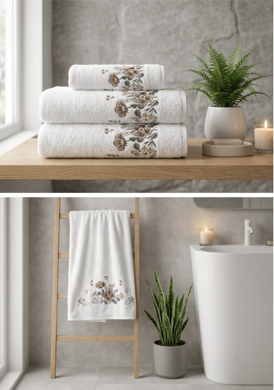 Bambu Pamuk Çiçek Nakışlı 50 X 90 Cm Nakışlı El Havlusu Açık Bej