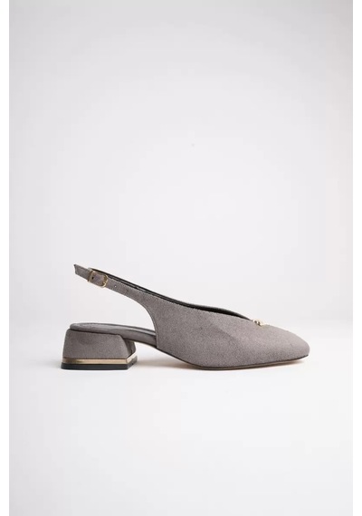 Alfaze Gri Süet Metal Aksesuarlı Modern Kısa Kalın Topuklu Ayakkabı Topuk Boyu 4 Cm