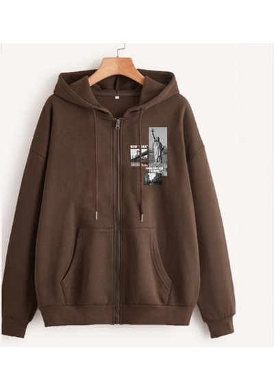 Altamira Unisex Kahverengi New York Fermuarlı Kapüşonlu Hırka 001