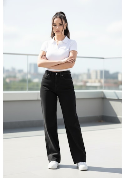 Woddi Nova Kadın Yüksek Bel Siyah Salaş Jeans Wide Leg Geniş Paça Palazzo Kot Pantolon