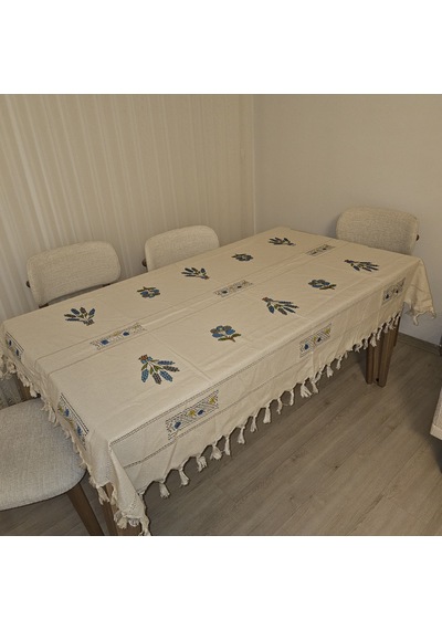 Desenli El Baskısı El Boyaması Masa Örtüsü 150x210 Beyaz