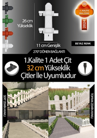 Uzunluk - Köşe - Kenar Tamamlama Çiti (32 CM Yükseklik Çit ile Uyumludur) - Beyaz