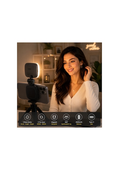 Xk-fl05 Magsafe Uyumlu Aynalı Mini Led Fill Light Taşınabilir Telefon Standı Fotoğraf Ve Video Işığı - Siyah