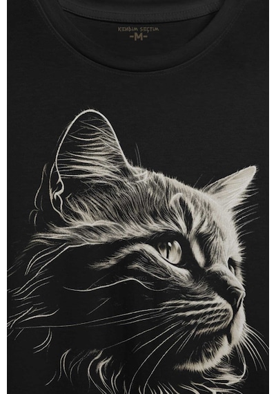 Bıyıklı Kedi Minimal Çizim 3d Efektli Realist Sepya Siyah Baskılı Tişört Unisex T-shirt 001